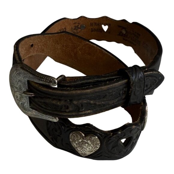 VTG Silver Creek Embossed Tooled Leather Hearts Western Belt Women's Black - Picture 1 of 7
